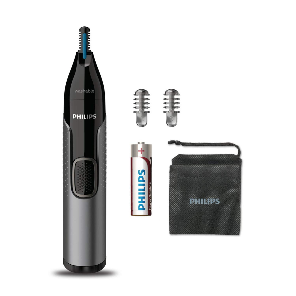 Philips Nose Trimmer, Cordless Nose, Ear & Eyebrow Trimmer with Protective Guard System, Fully Washable, Including AA Battery, 2 Eyebrow Combs, Pouch (Grey), NT3650-16