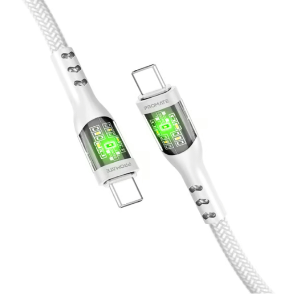 Promate 1.2M USB-C To USB-C Cable With Transparent Connectors & Led'S Supports 60W Pd White, CLC-TRANSLINEW