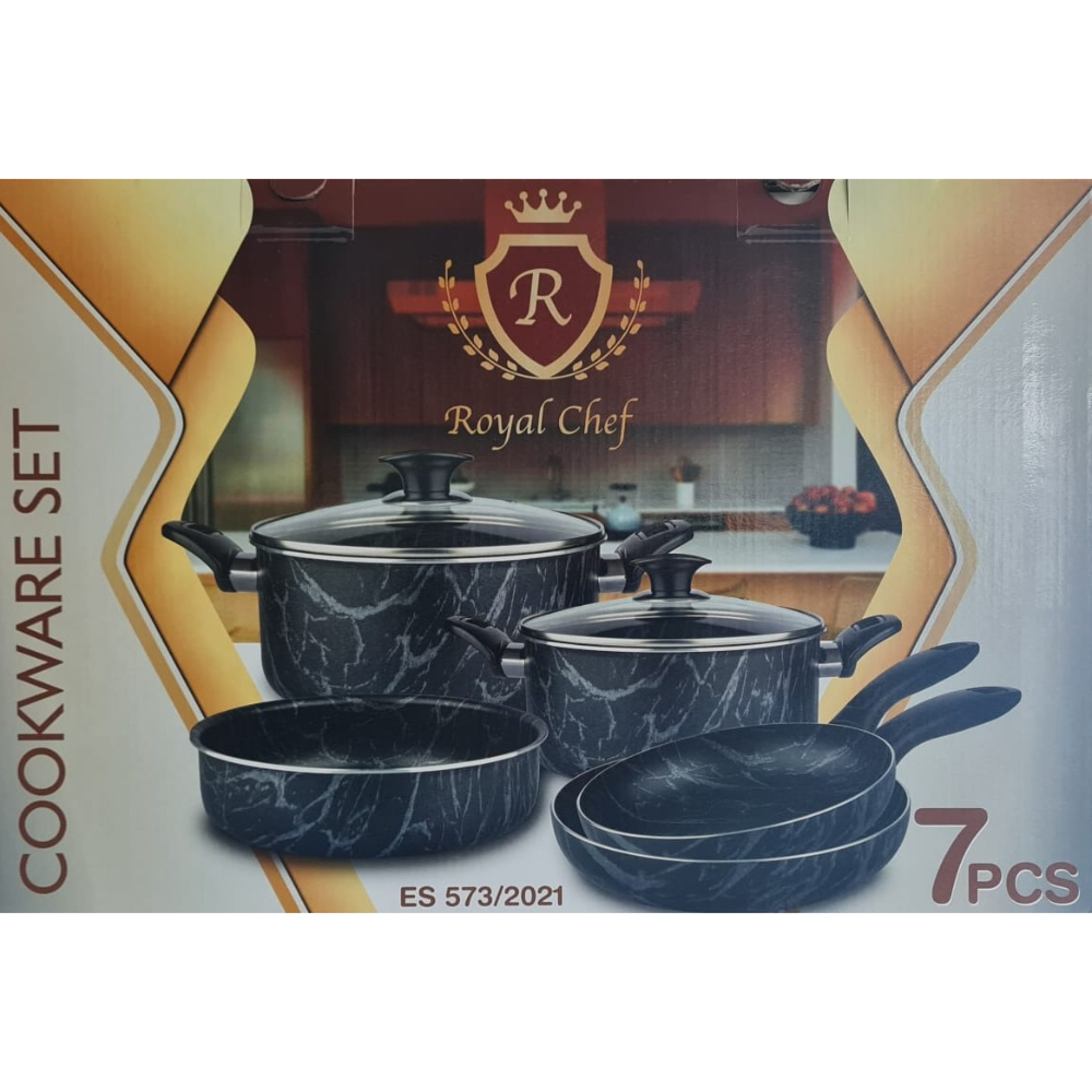 Royal Chef Set 7 Pcs, 24/30cm Deep Pot- 20/28cm Frypan - 32cm Oven Tray (Black), RCH-ES573BL