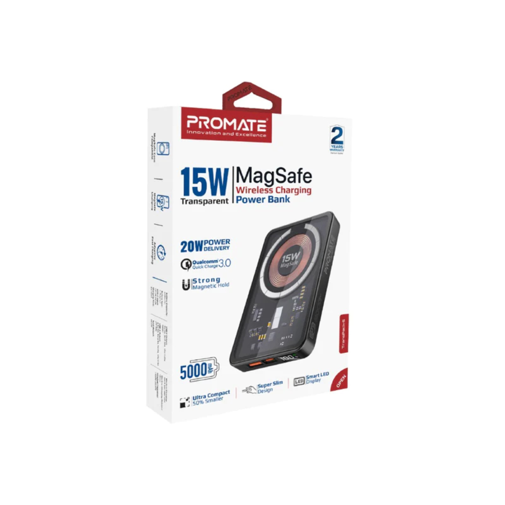 Promate MagSafe Transparent 15W wireless charging power bank, Battery Capacity: 5000mAh , CLC-TransPack5