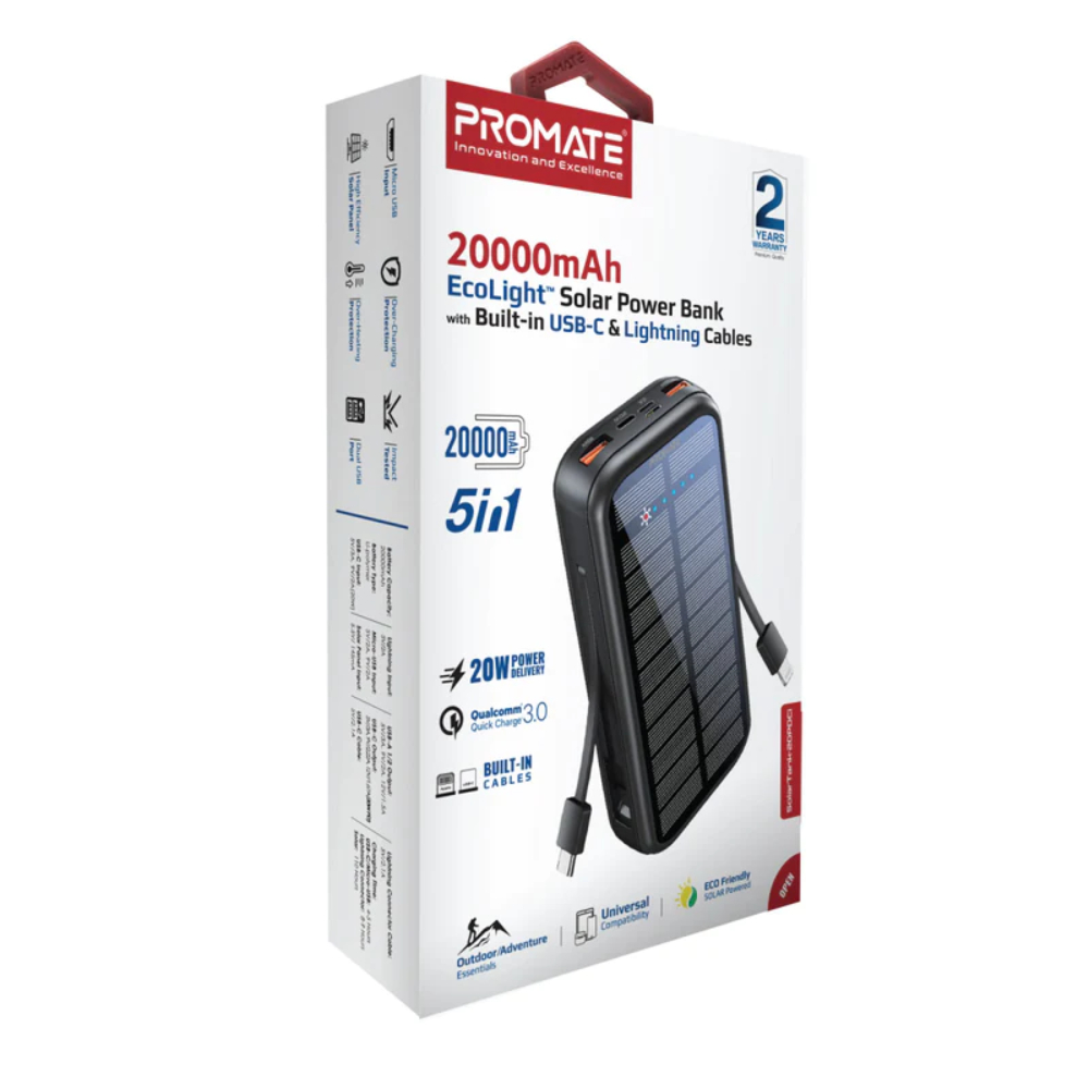 Promate 20000mAh EcoLight Solar Power Bank with Built-in USB-C & Lightning Cables, CLC-SolarTank