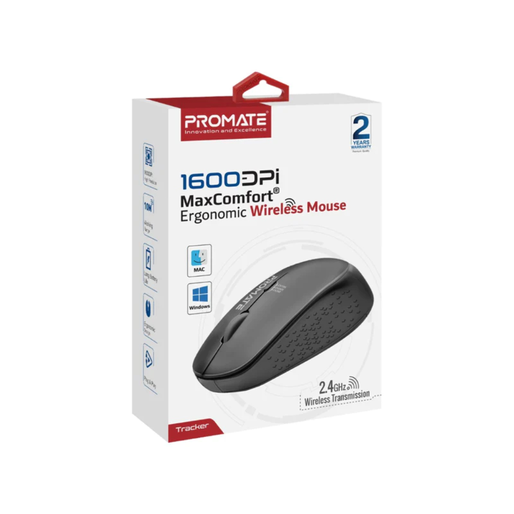 Promate 1600DPI MaxComfort Ergonomic Wireless Mouse, CLC-TRACKBLK
