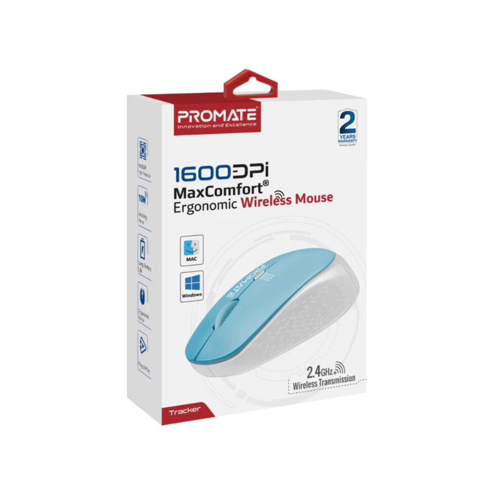 Promate 1600DPI MaxComfort Ergonomic Wireless Mouse, CLC-TRACKBLU