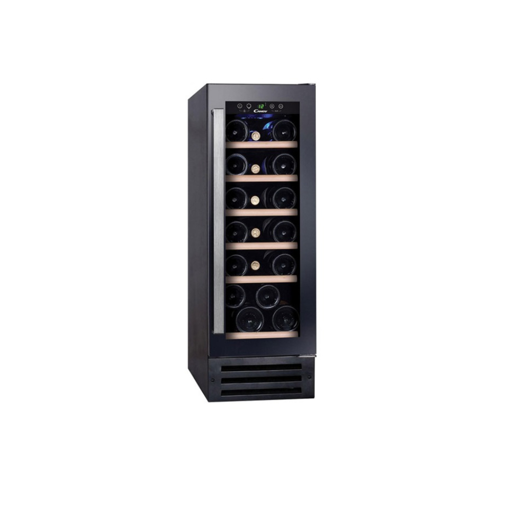 Candy Wine Cooler Refrigerator, 70 Bottles Capacity, 5 Waved Wooden Shelves, Bulb Light, Brown Glass Door, 7 To 18C, H144 W50 D60Cm Black, CDY-V1420GL