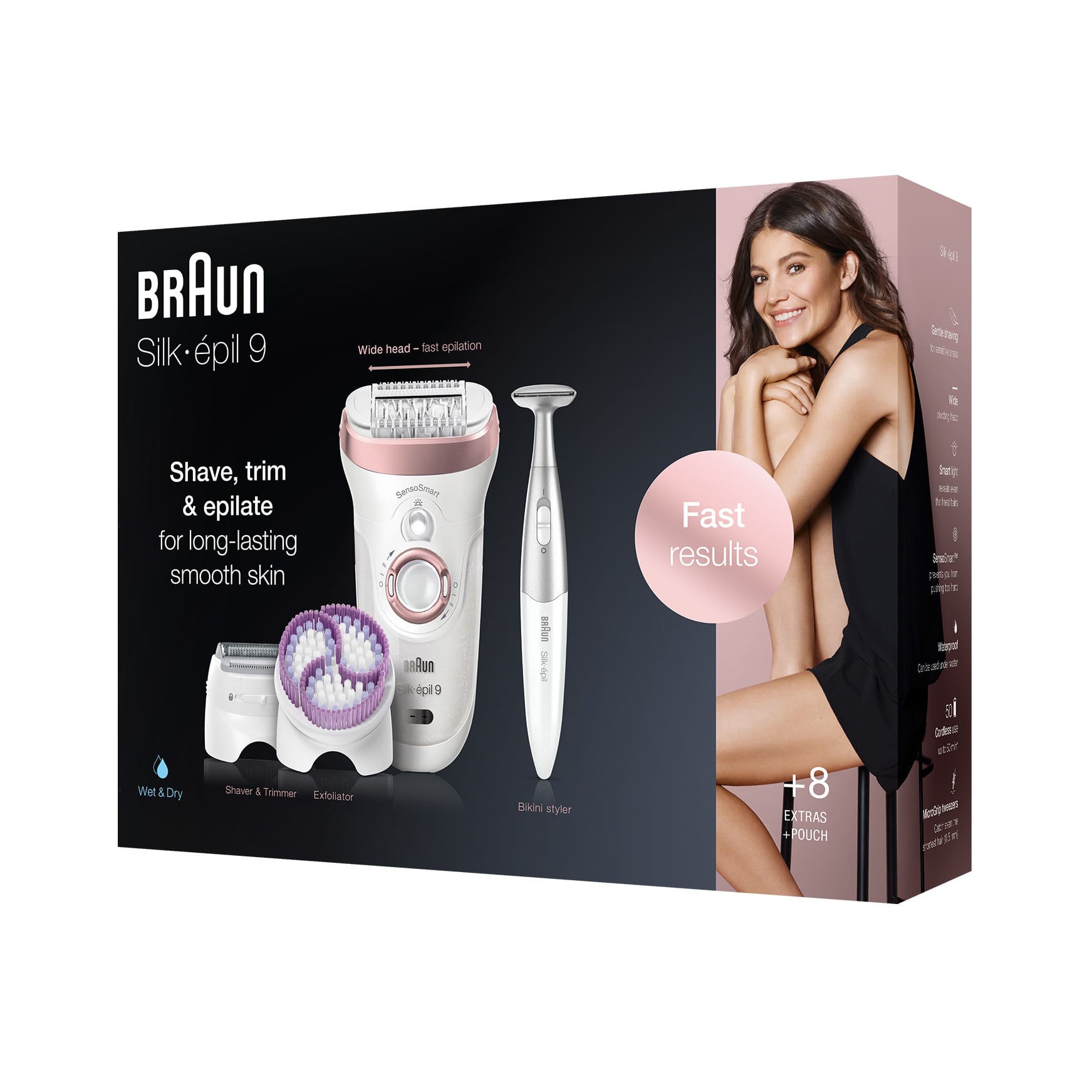 Braun Silk Epil 9 Wet And Dry Epilator Skin Spa, Senso Smart, 4 In 1, 13 Extras, Extra Wide Head, Micro Grip Technology, High Frequency Massage System, Pivoting Head, 2 Speeds, Smartlight, SES9/980