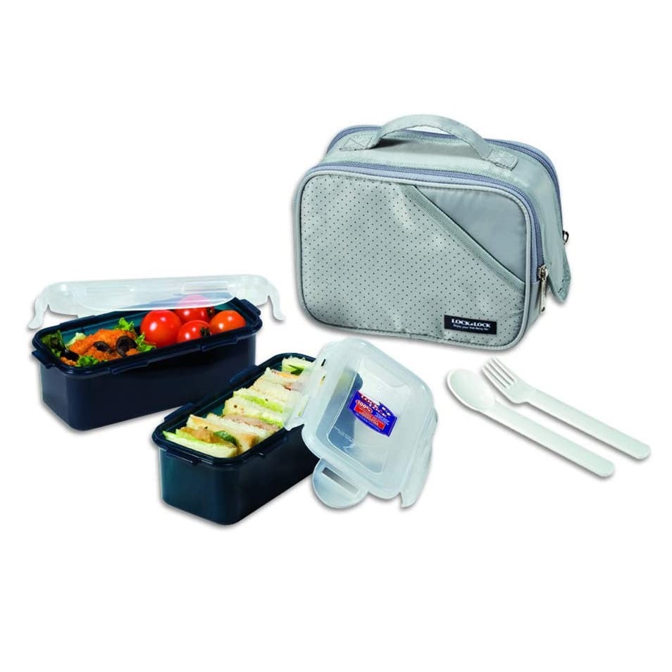 Lock and Lock Rectangular Lunch Box + 2 Rectangular Plastic Food Conatiners + Spoon & Fork (Grey), HCPL762DG