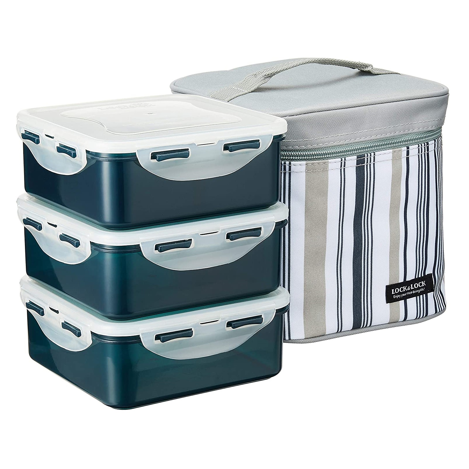 Lock & Lock Portable Lunch Box 3P Set W/Gray Stripe Bag, HCPL823DG