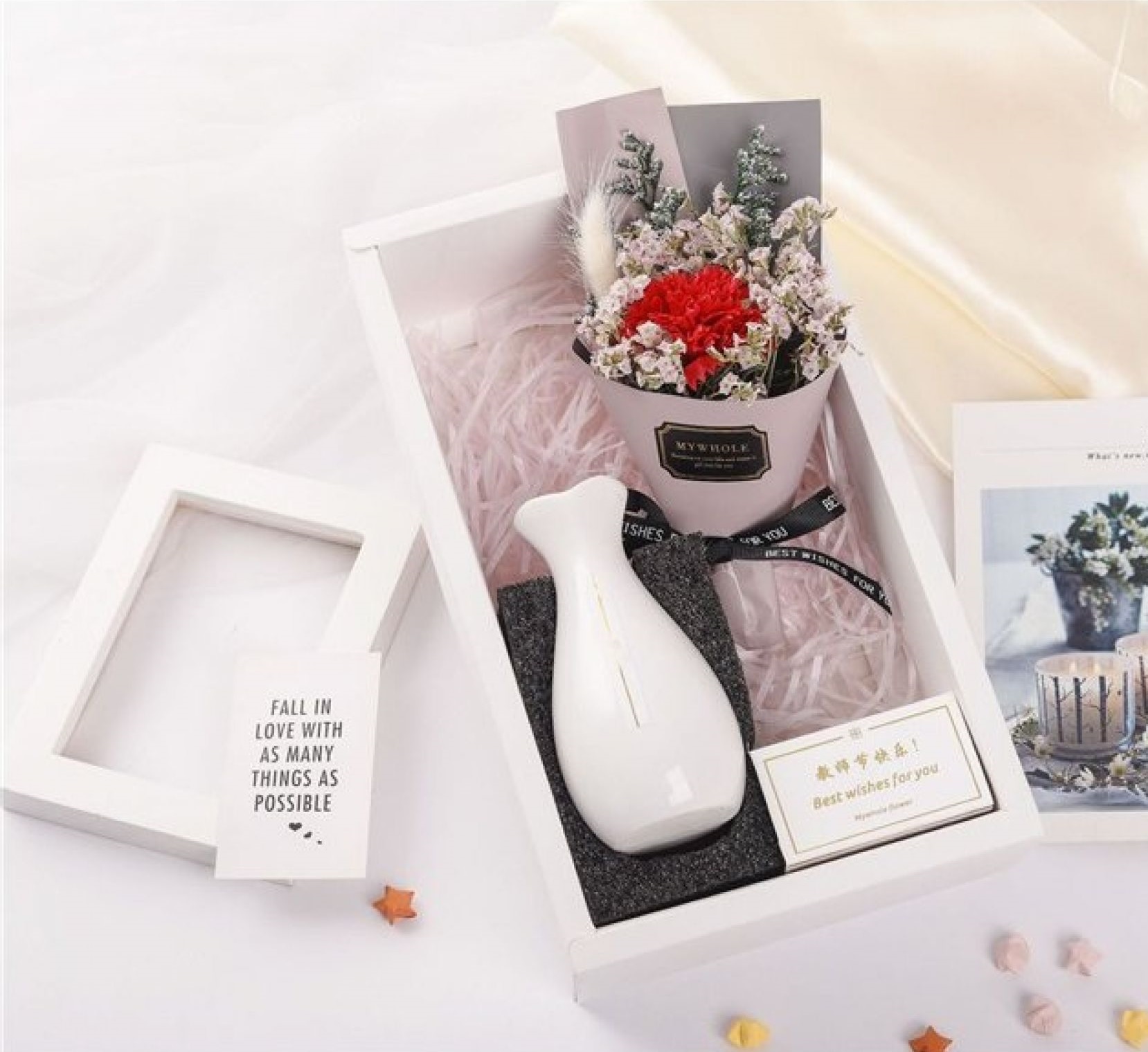 Mini Decorative Flower Bouquet with vase - Multicolours | White Gift Box, SK357