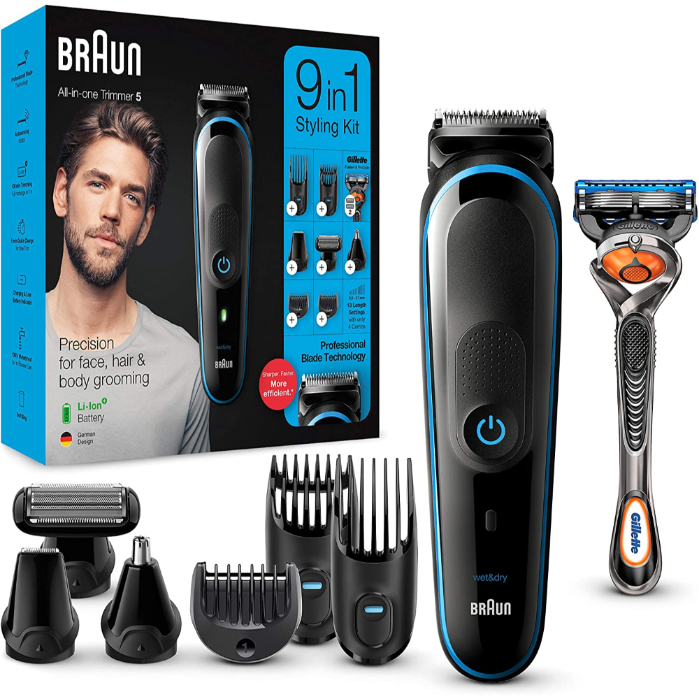 Braun 9-in-1 All-in-one Trimmer 5, Beard Trimmer for Men, Hair Clipper and Body Groomer with AutoSensing Technology and 7 Attachments, Black/Blue, MGK5280
