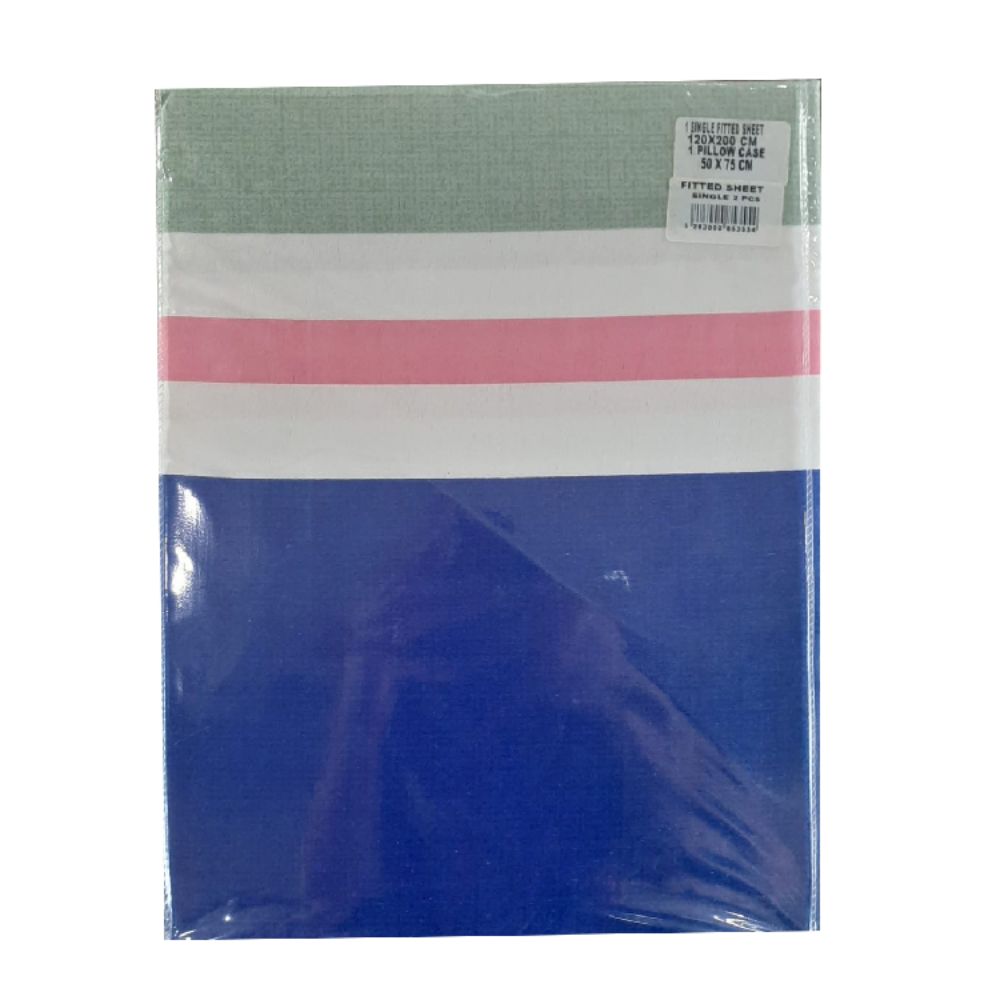 Zenith Blue/White/Pink Printed Fitted Sheet Single 2 Pcs, ZEN-3554BLWPK